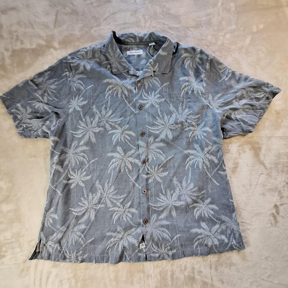 Tommy Bahama Shirt Mens 2XL Gray Palm Tree Silk Hawaiian Short Sleeve Casual